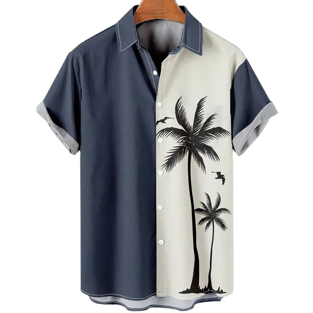 Man wearing a slim fit short sleeve shirt with a colourful 3D floral beach print.