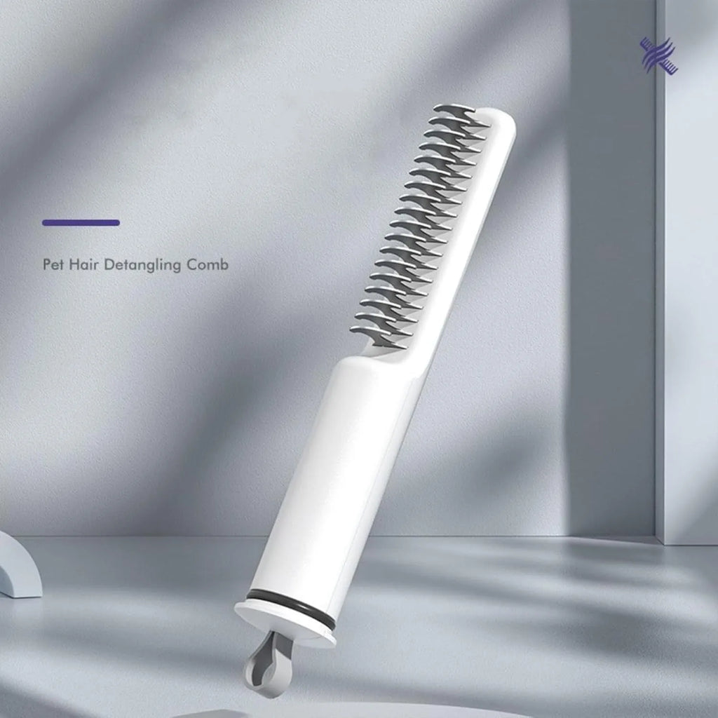 Stainless steel pet dematting comb with handle for removing knots and mats from dog's coat.