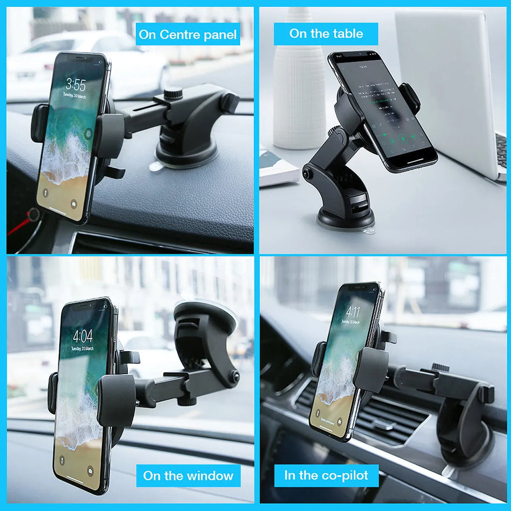 Yellow and black telescopic car phone holder with suction cup mounted on a car dashboard.