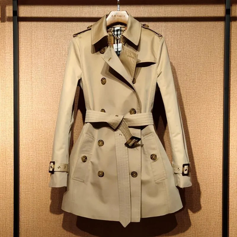 Women's khaki double-breasted trench coat with flight sleeves, British style