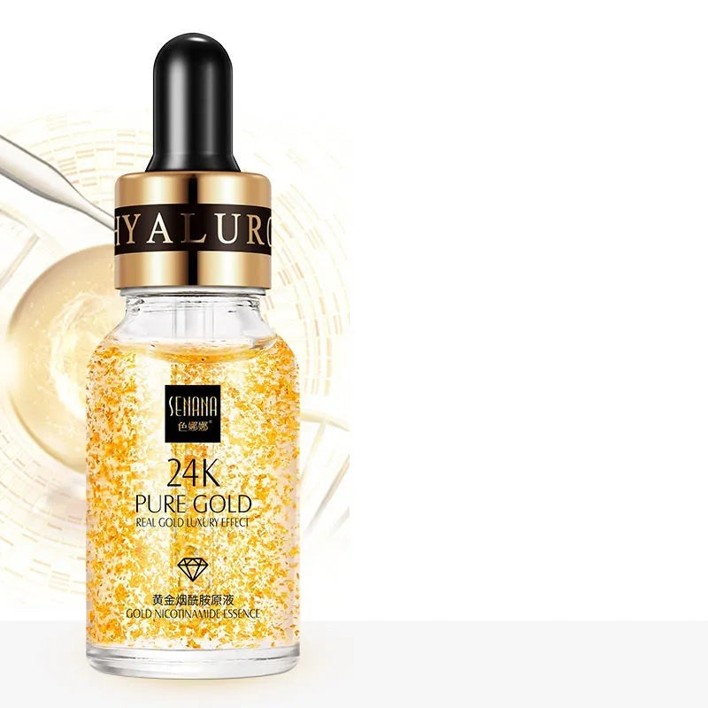 24K gold nicotinamide stock solution serum in bottle with dropper, lightweight gel formula for anti-aging and brightening