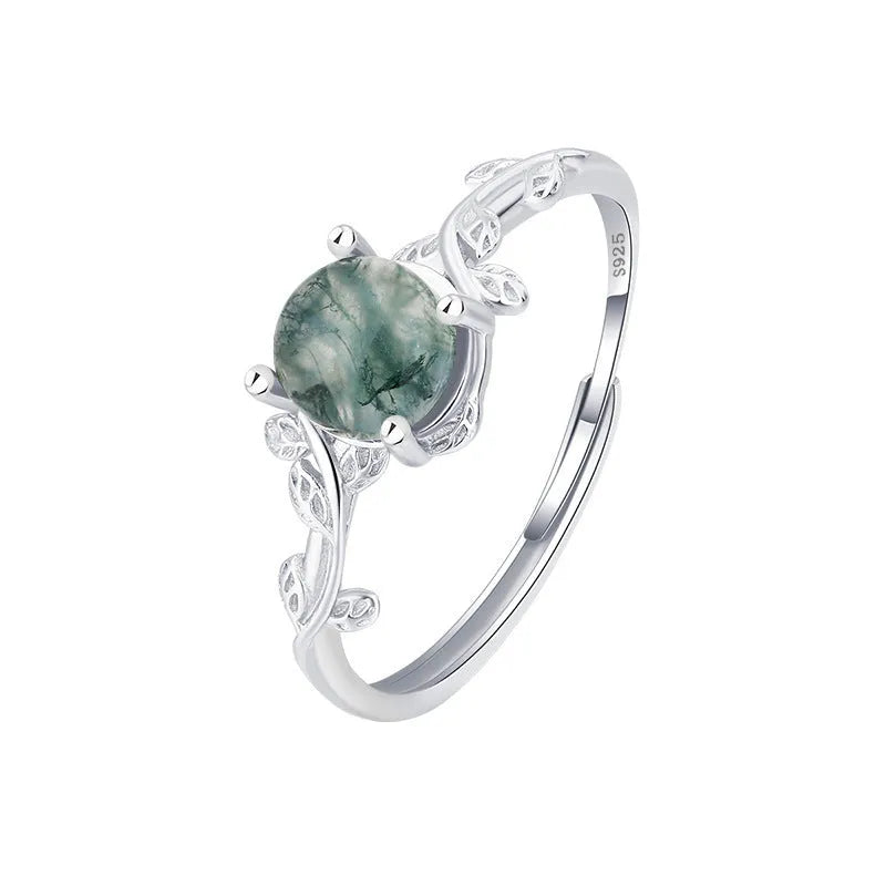 S925 silver ring with green moss agate stone and water plant pattern in geometric shape