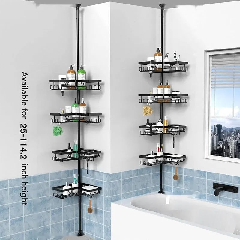 Retractable stainless steel bathroom storage rack with four shelves for hole-free installation.