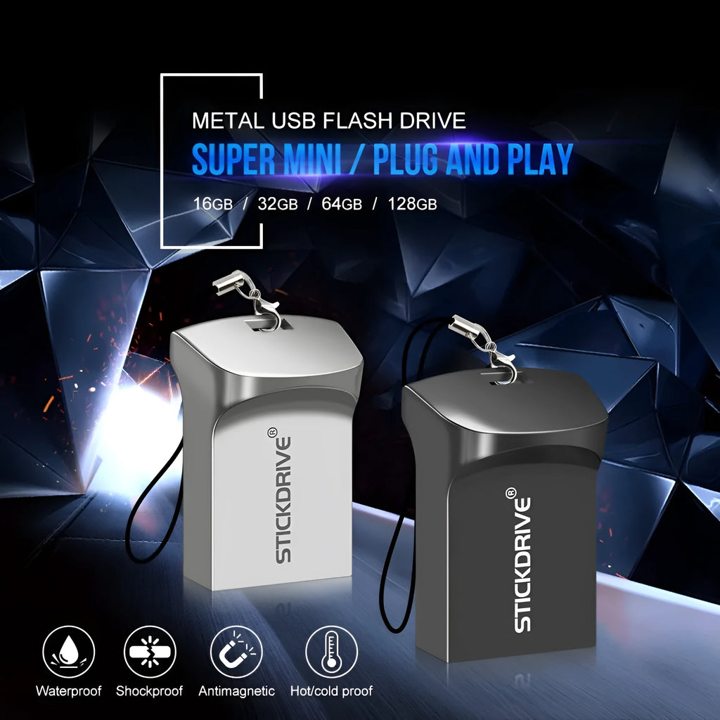 Metal USB drive with chain attachment showing lightning pattern design in black