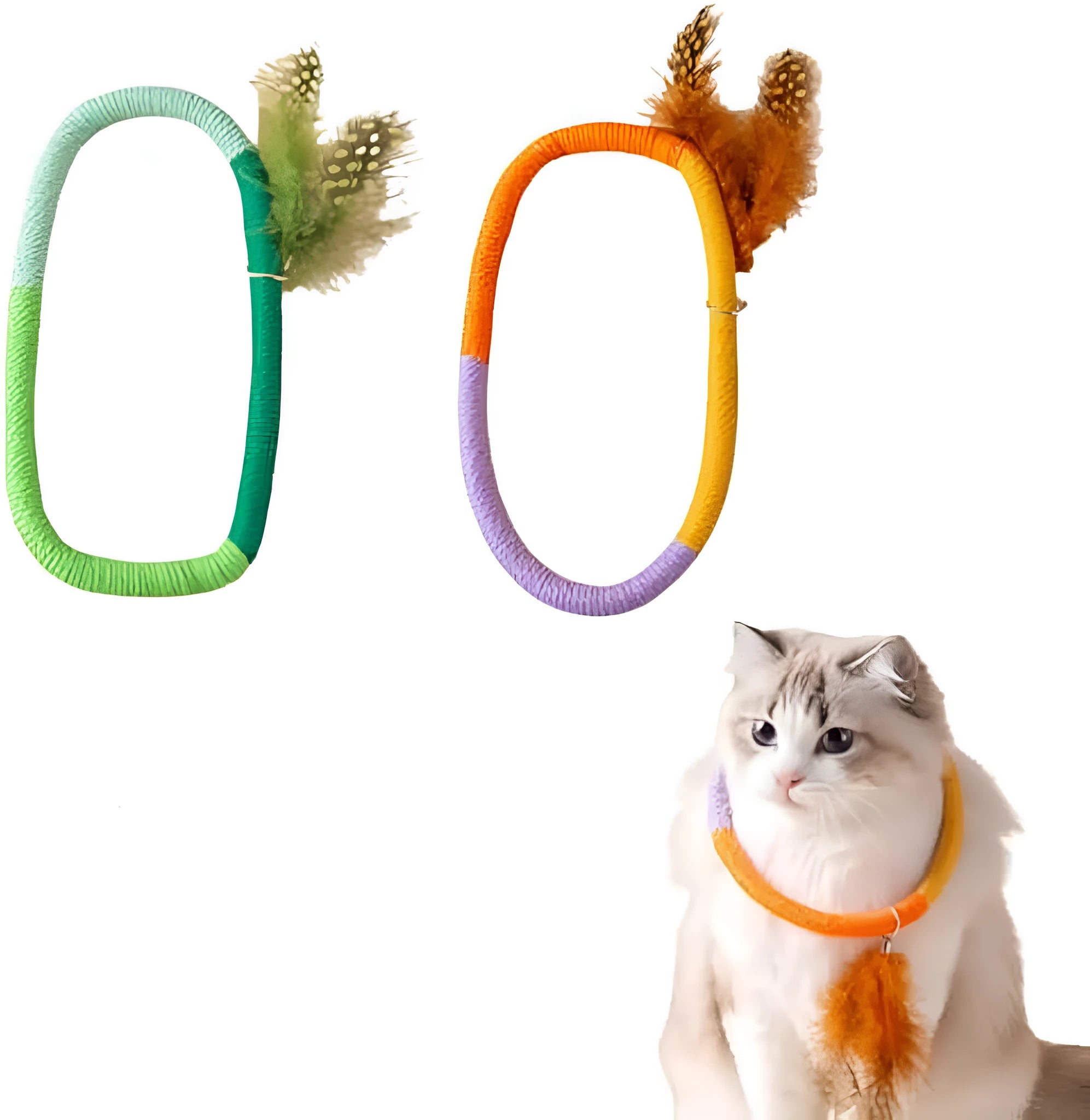 Green circular cotton rope cat toy with feathers attached, measuring 25cm diameter