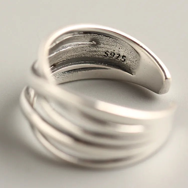 S925 sterling silver vintage weave ring for women with open design and retro silver finish