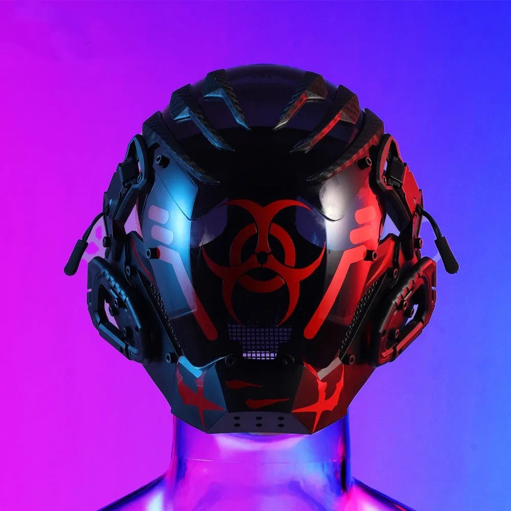 Black full face mask prop with bioweapon tech design and mechanical helmet styling for costume events