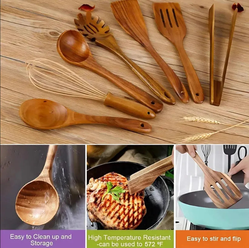 7-piece wooden cooking utensil set including spoon and spatula for non-stick pans