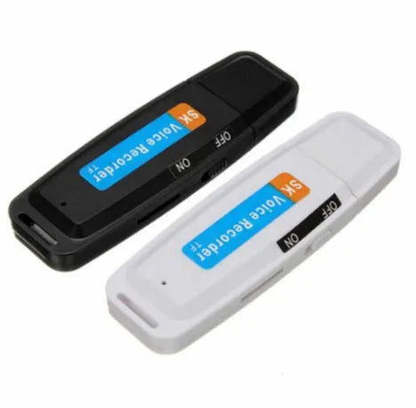 Black and white USB flash drive with voice recording function showing 70mm length