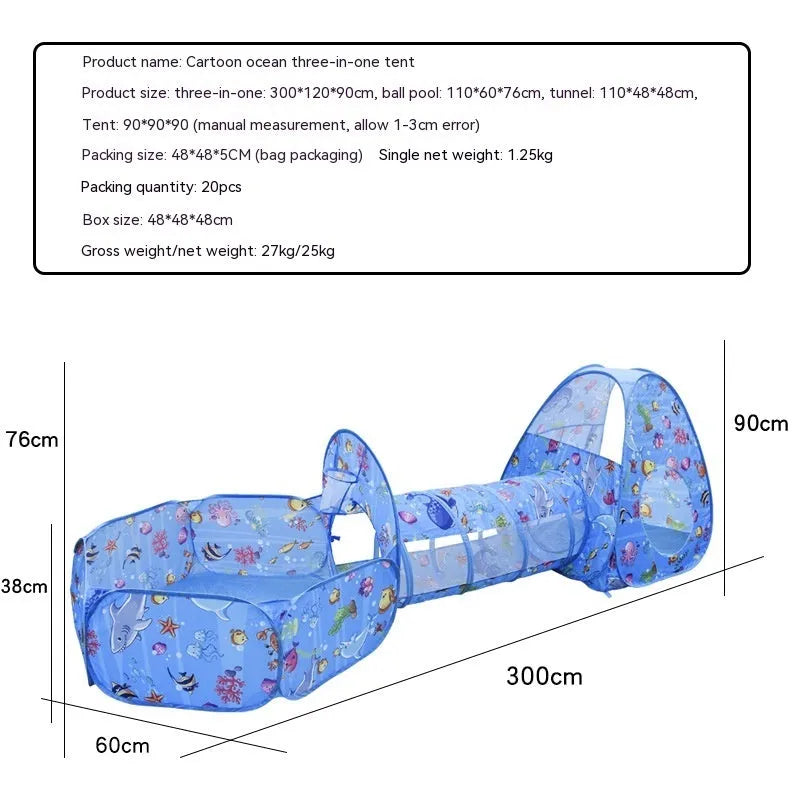 Children's three-in-one play tent set with ball pool and crawl tunnel in marine cartoon design