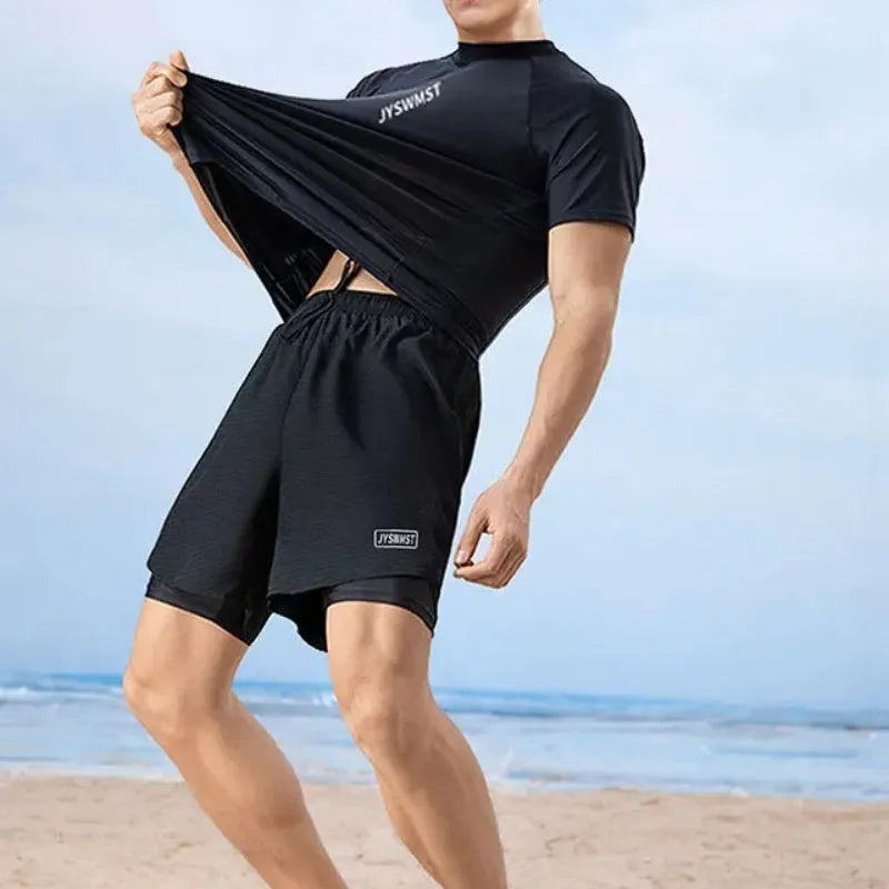 Men's polyester swimming trunks set with pattern design in plus sizes