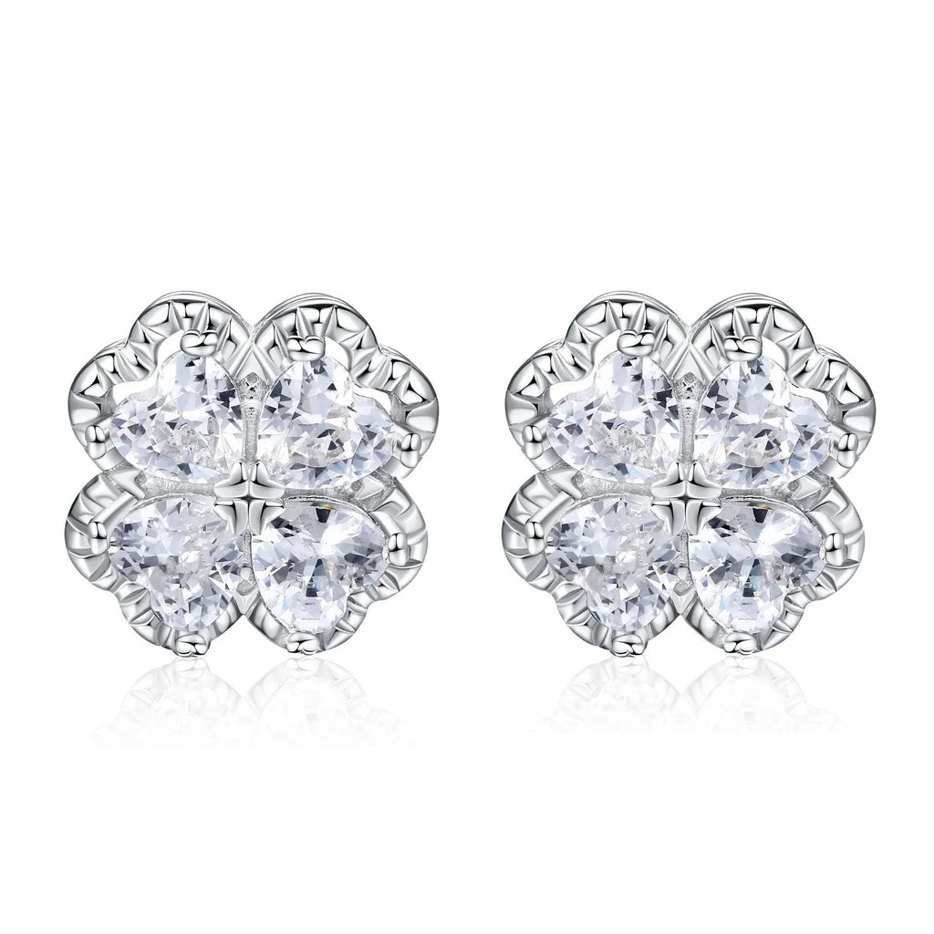 Women's 925 sterling silver heart earrings with four-leaf clover design and white gold colour finish