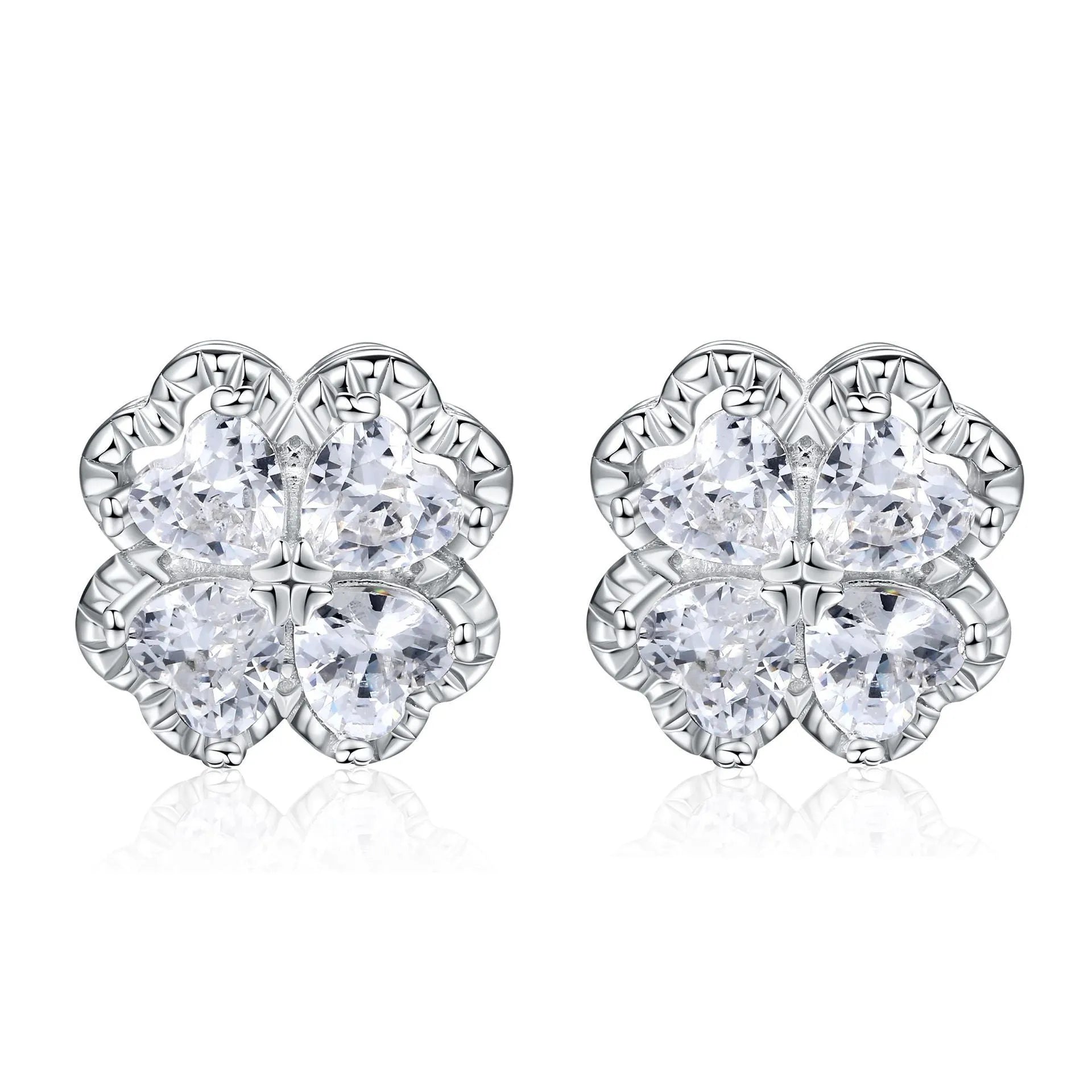 Women's 925 sterling silver heart earrings with four-leaf clover design and white gold colour finish