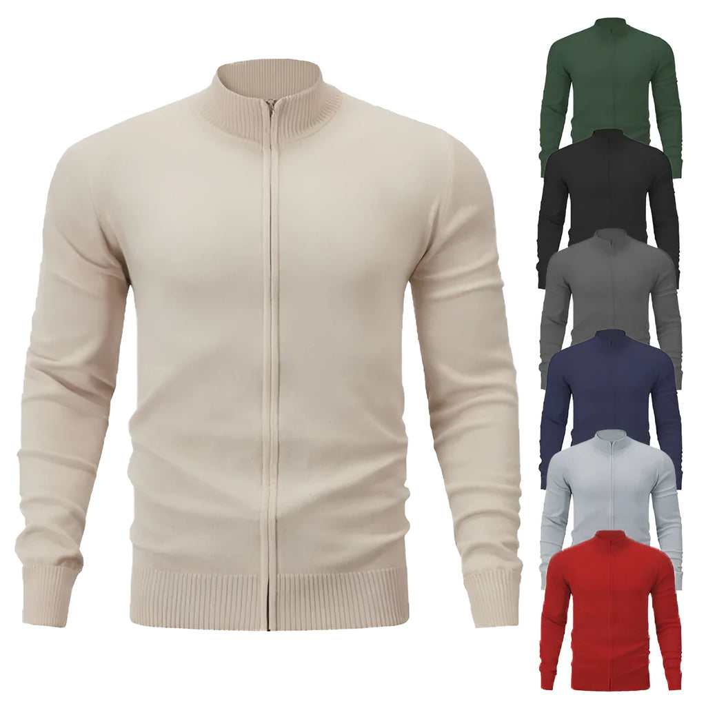 Casual stand collar zip-up sweater in a solid colour, shown on a model with a loose fit.