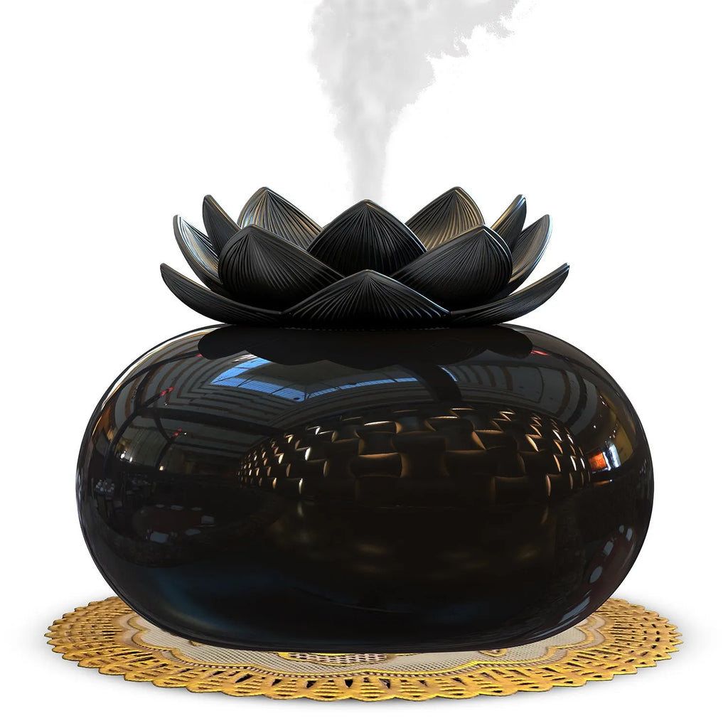 Pure black lotus-shaped aromatherapy humidifier with USB cable and ceramic finish