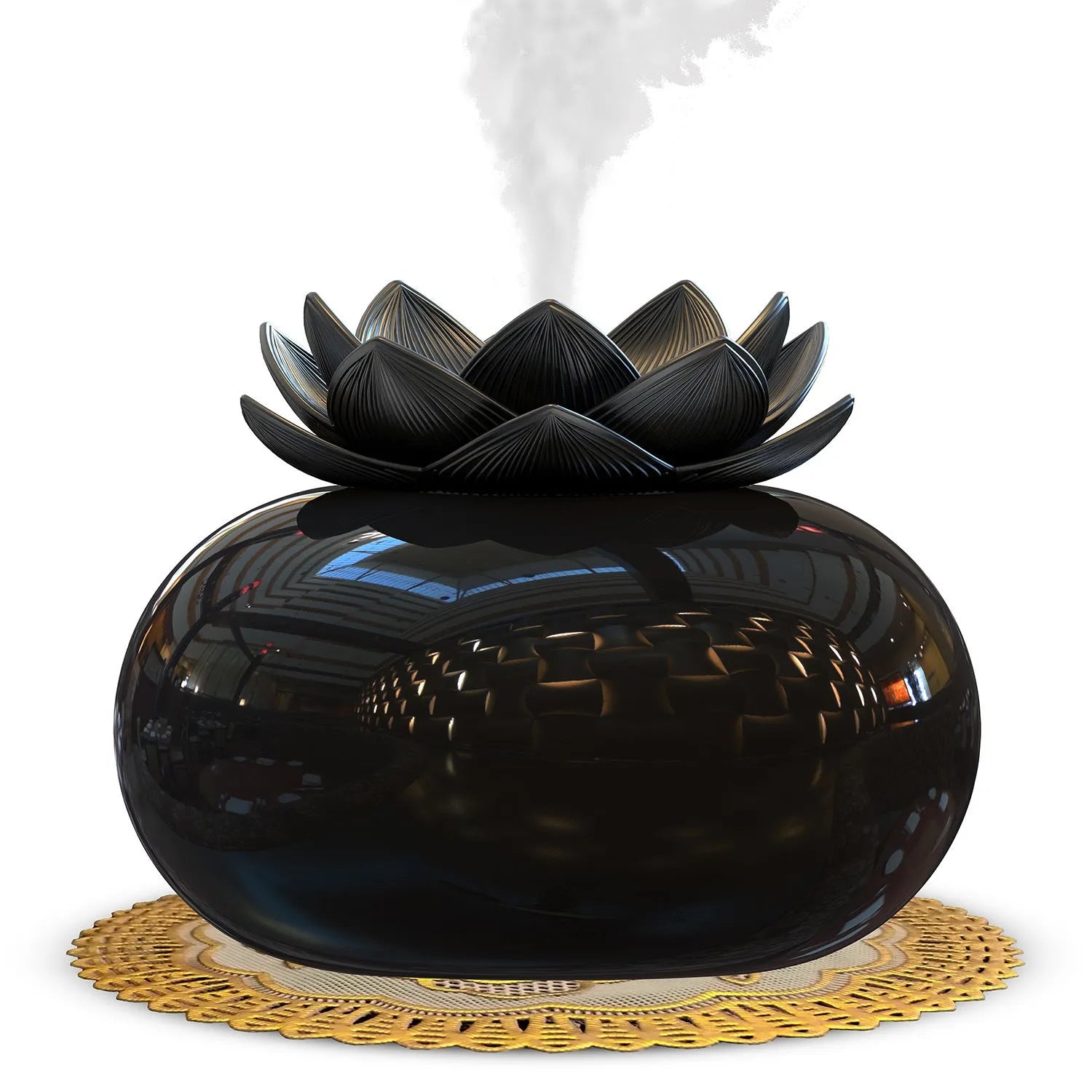 Pure black lotus-shaped aromatherapy humidifier with USB cable and ceramic finish
