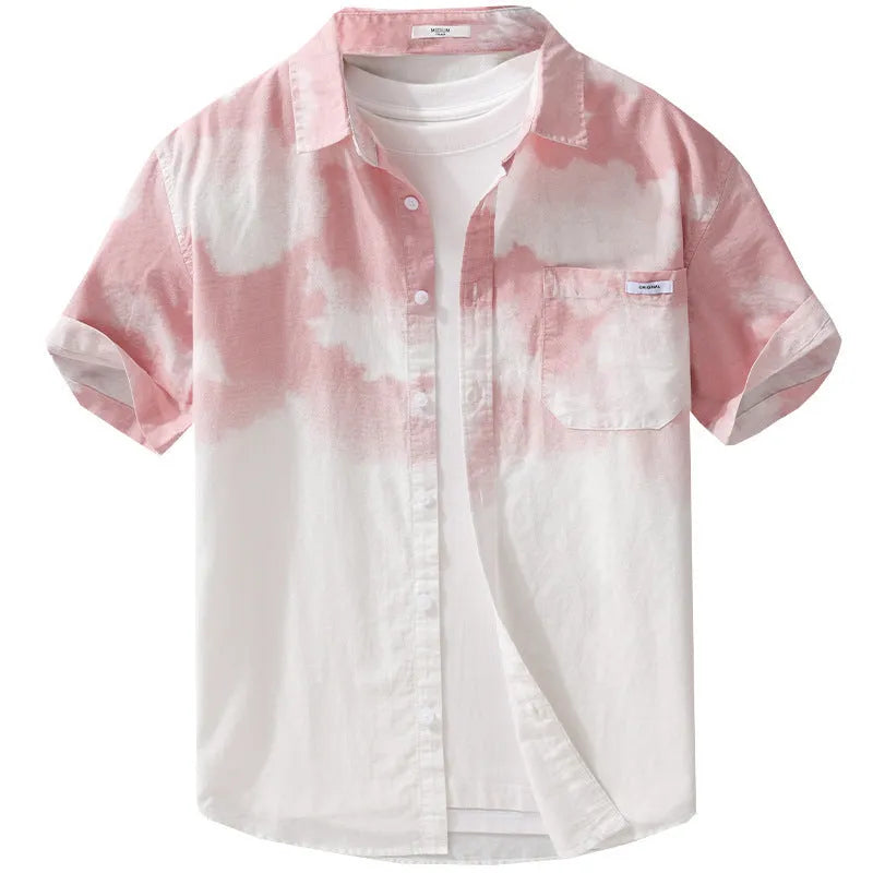 Men's light pink short-sleeved cotton shirt with loose cardigan style on hanger