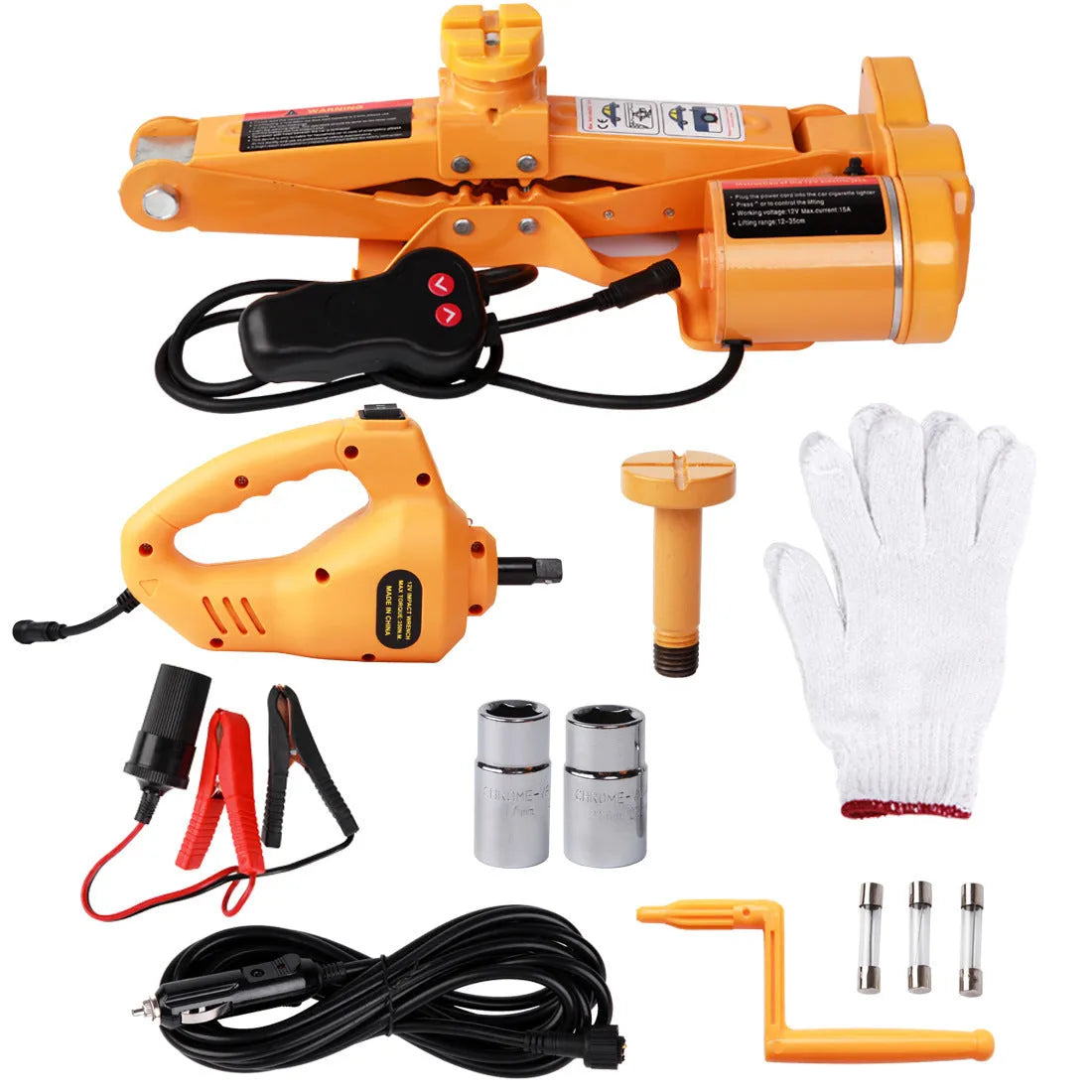 Yellow steel car electric jack set with an electric wrench on a grey background.