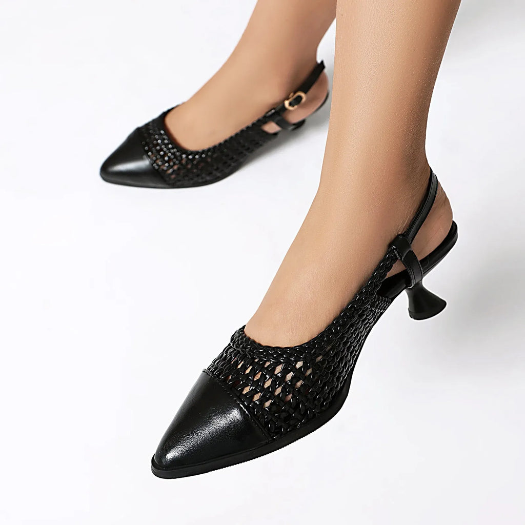 Professional women's cat heel sandal with hollow design and buckle in black, gold, or silver