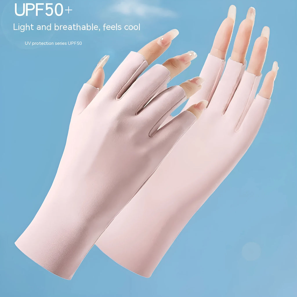 Women's thin ice silk sunscreen gloves with UPF50 protection in fingerless design
