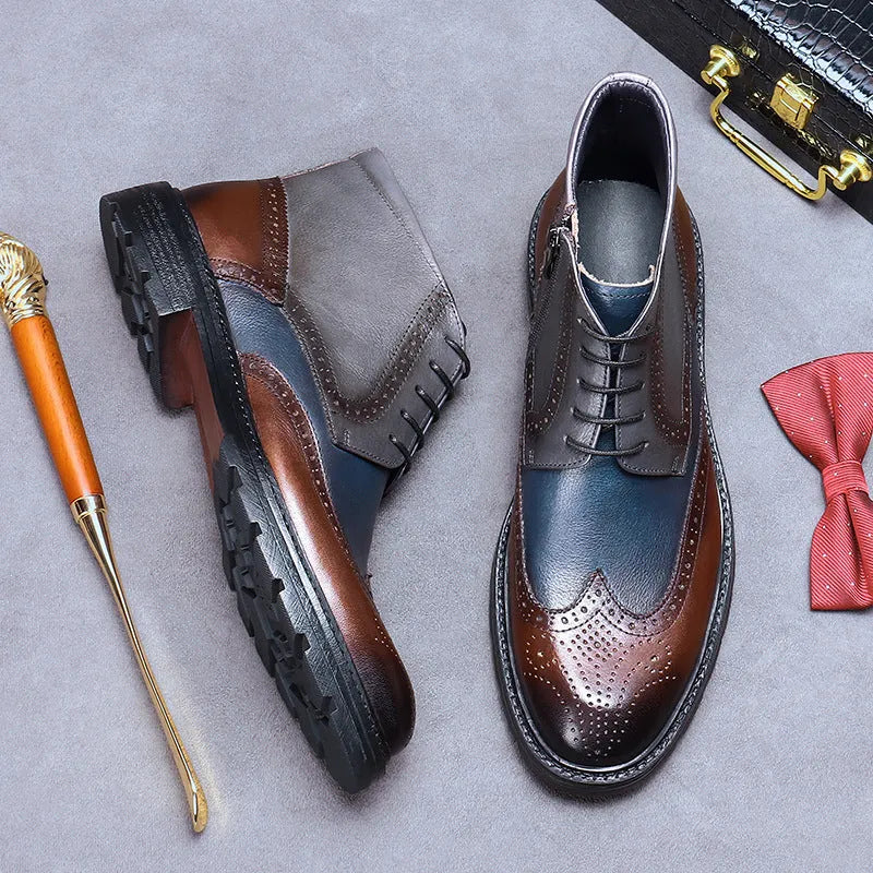 Mens brown and blue colour block brogue ankle boots with leather upper and low heel