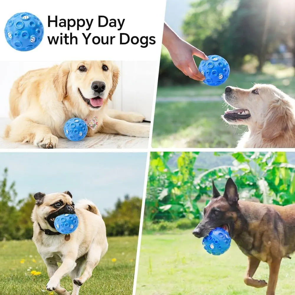 Durable natural rubber dog ball with meteorite-shaped bumps for aggressive chewers in multiple colour options