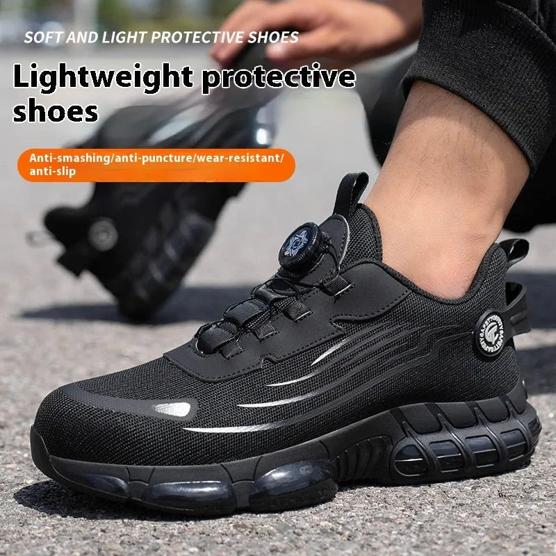 Men's black safety shoes with steel toe cap, flyknit upper, TPU sole, anti-slip workwear