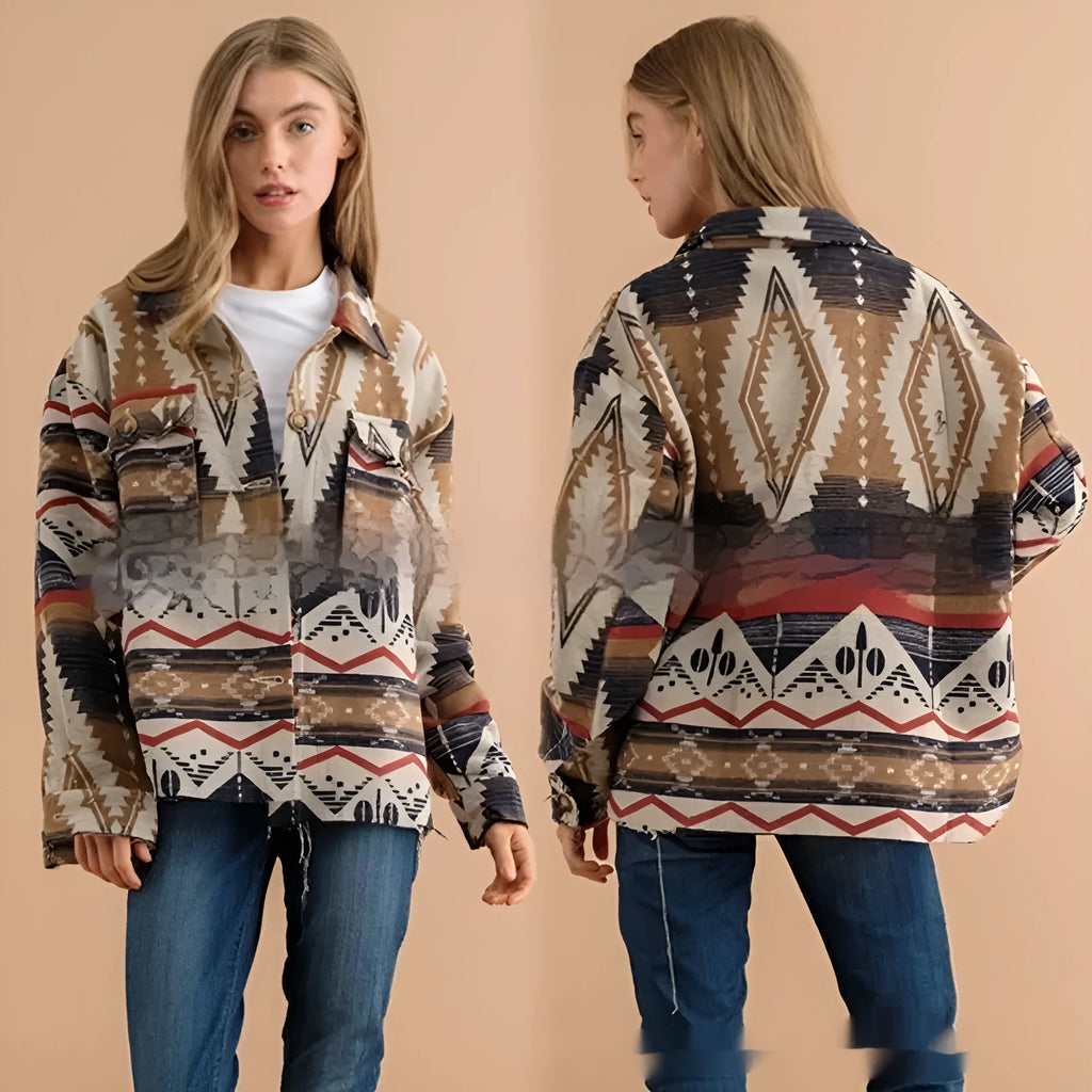 Women's loose-fit Aztec print wool coat in army green colour with long sleeves.