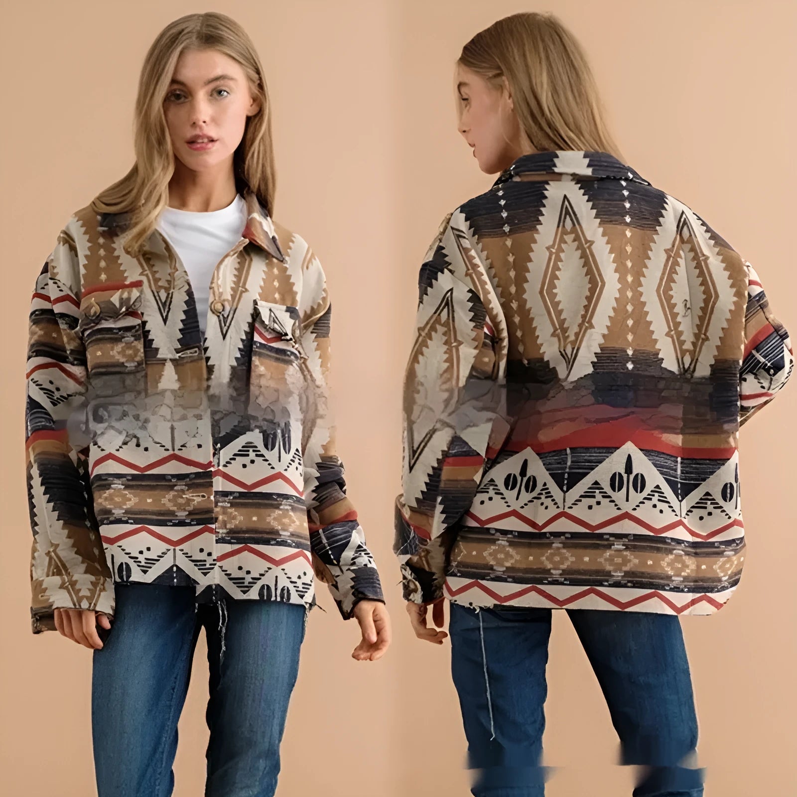Women's loose-fit Aztec print wool coat in army green colour with long sleeves.