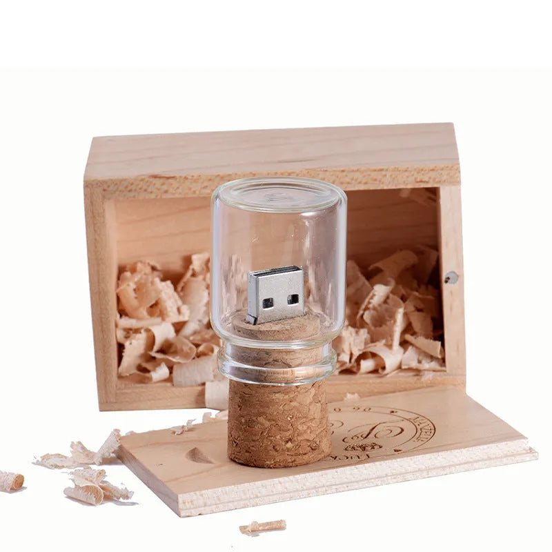 Chocolate brown wooden bottle-shaped USB flash drive with a custom graphic on its surface