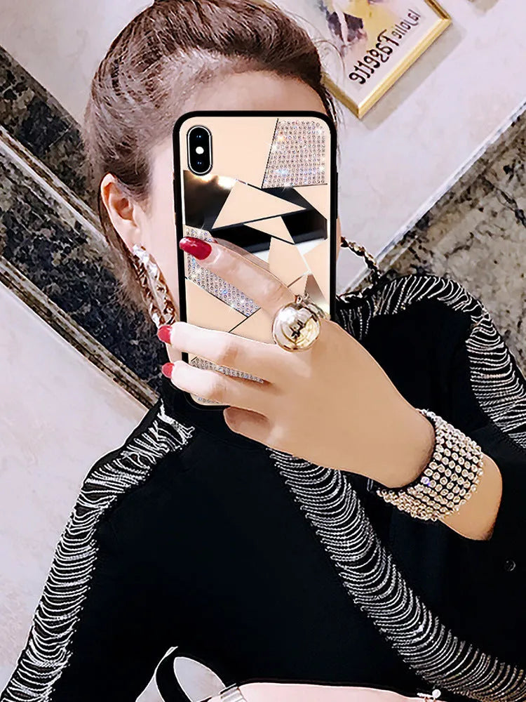Gold rhinestone diamond mirror silicone back cover case for Apple iPhone showing reflective finish