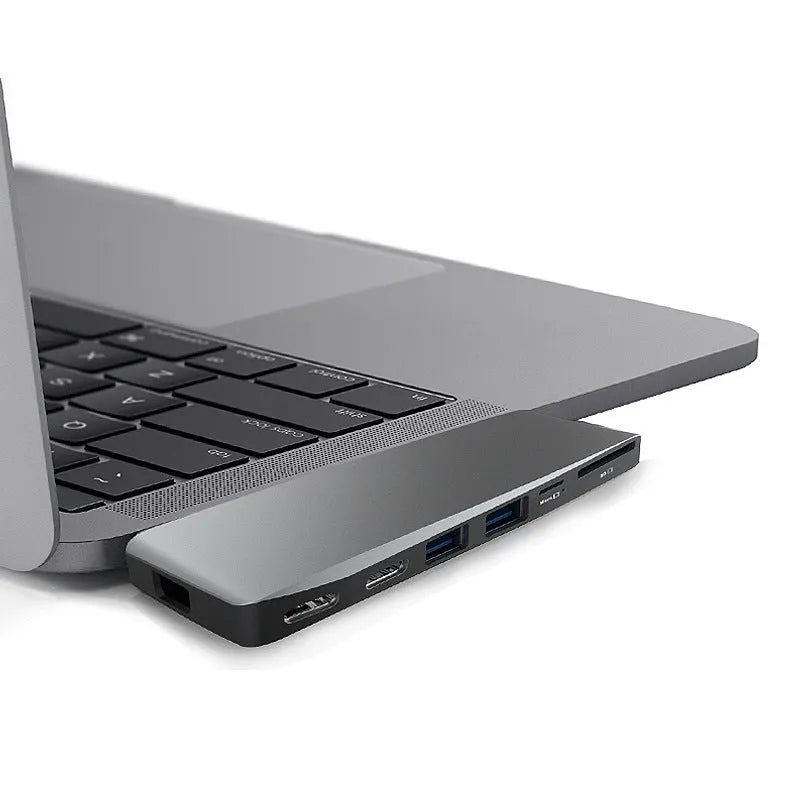 8-in-1 USB-C hub for MacBook Pro with dual USB-C connectors and multiple ports