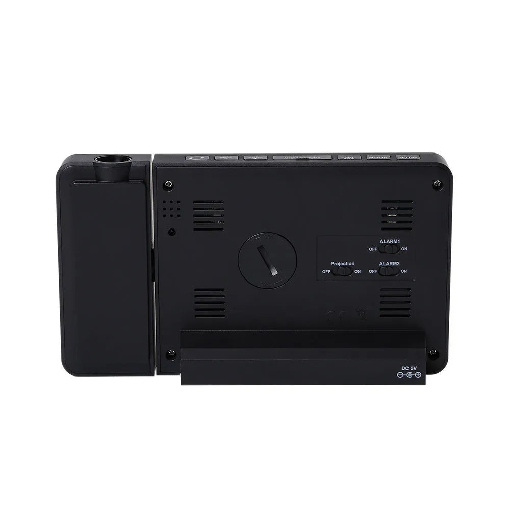 Multifunctional projection alarm clock showing time and temperature projection, with dual alarm and weather forecast on digital display