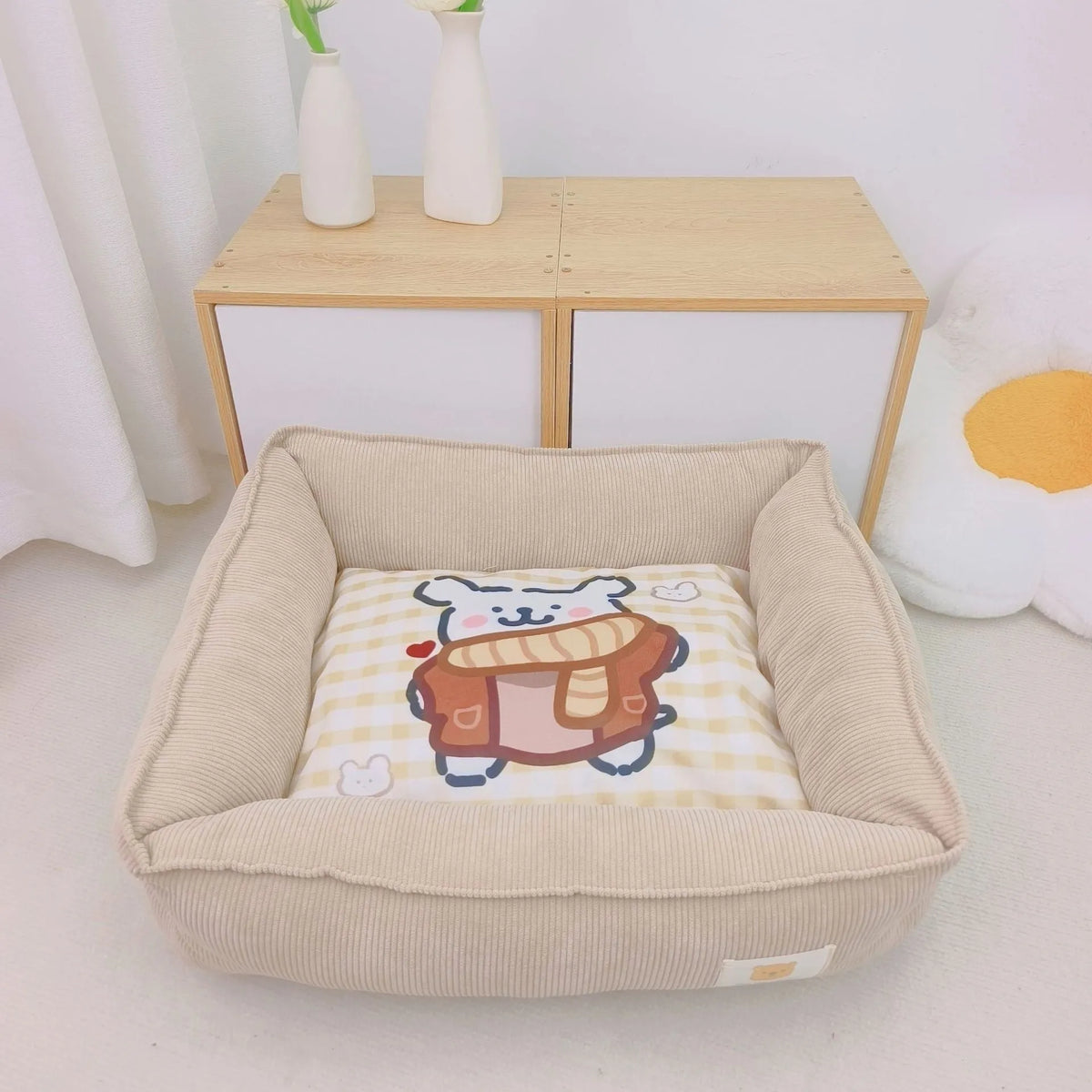 A light blue velvet dog nest bed with plush PP cotton filling, shown in a 50x40cm size.