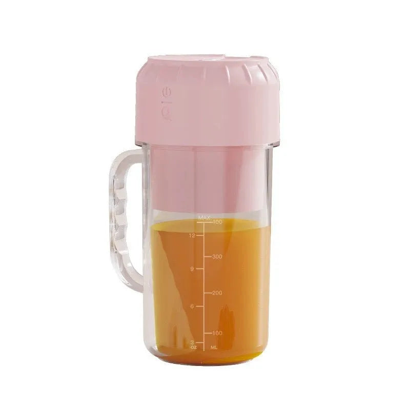 Portable USB-powered juicer in avocado green or cherry blossom powder with selectable blade options