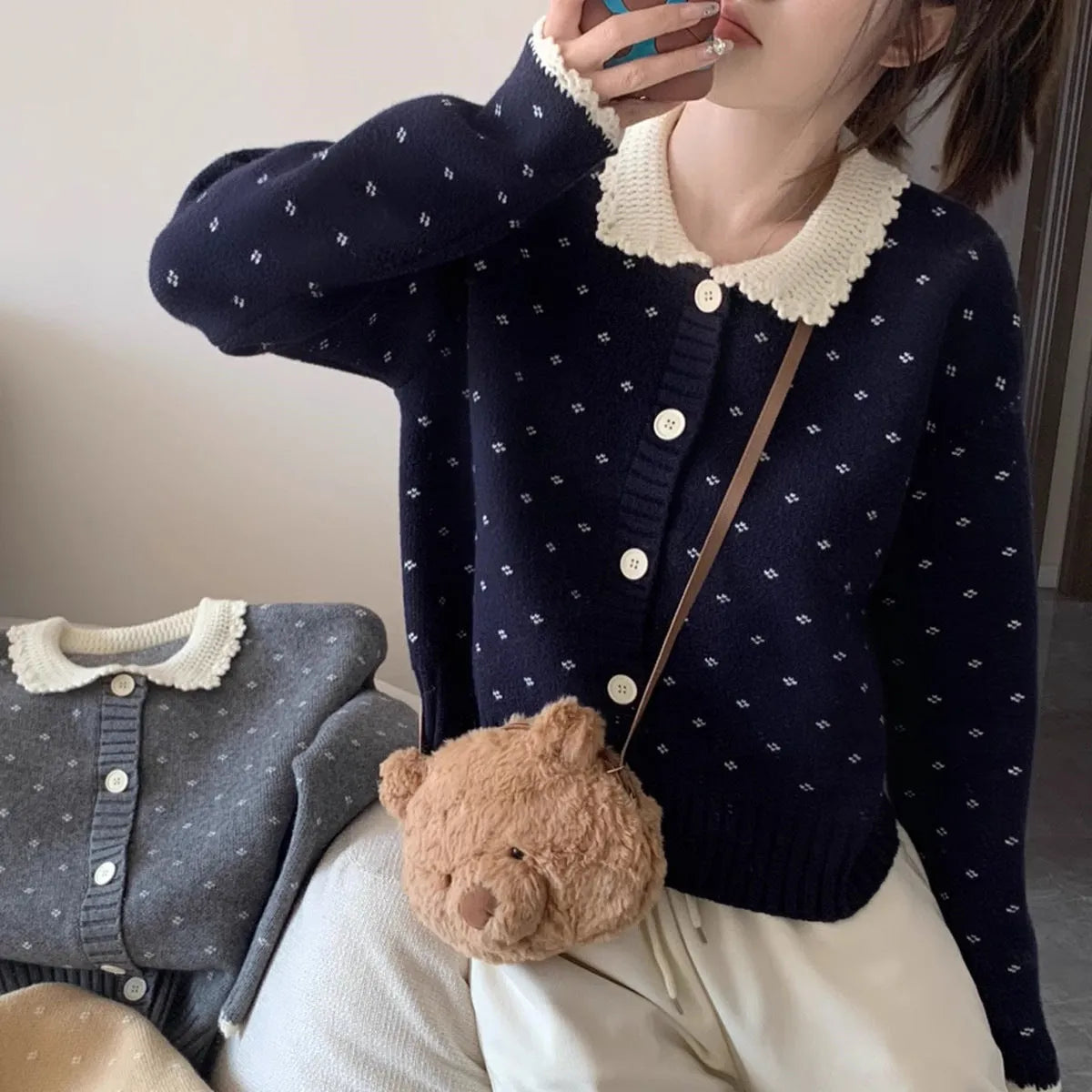 Retro Peter Pan collar knitted cardigan coat with floral embroidery in navy blue colour