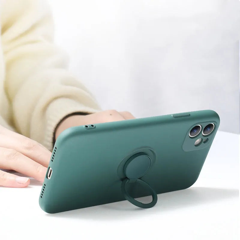Liquid silicone iPhone case with a built-in ring bracket shown in multiple colour options.