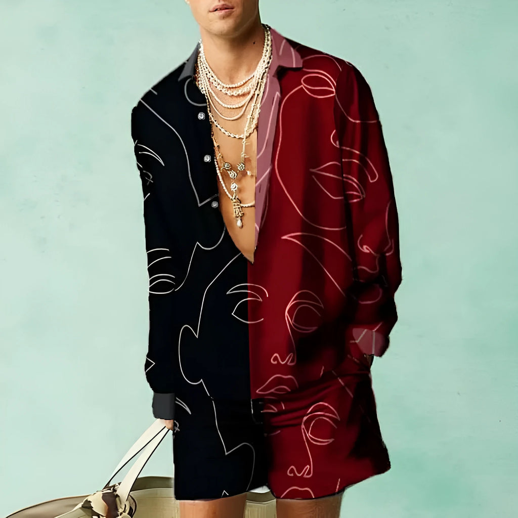 Slim fit long sleeve shirt and matching shorts casual summer set in polyester.