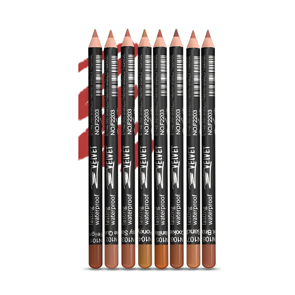 Matte wood lip liner pencil in silver casing with 14 numbered shades from 201 to 214