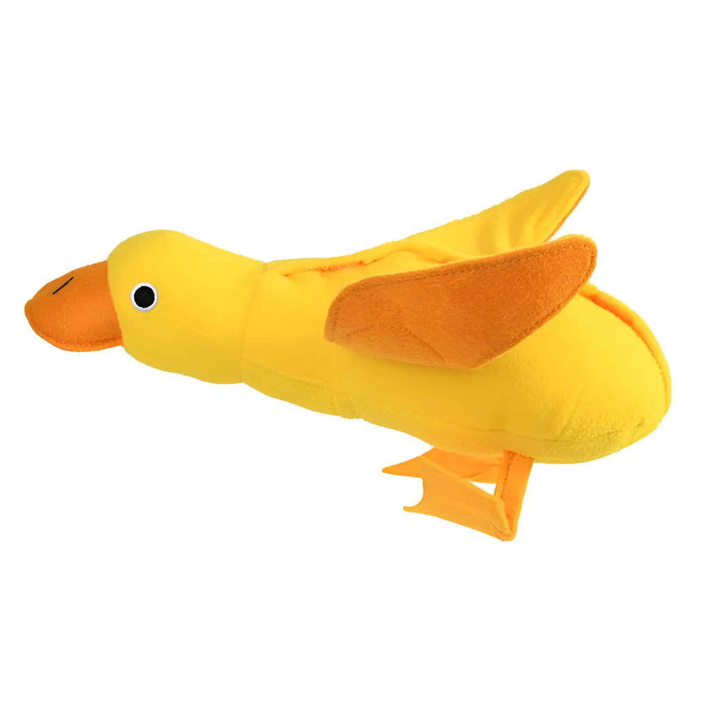 Yellow plush teddy dog toy with squeaker duck sound and treat holes