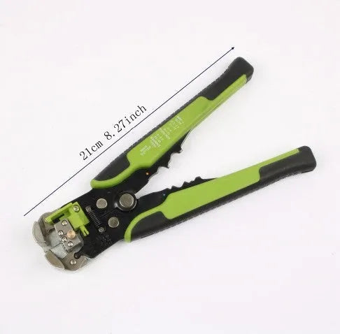 Yellow automatic wire stripper and crimping multitool with adjustment screw for electrical work