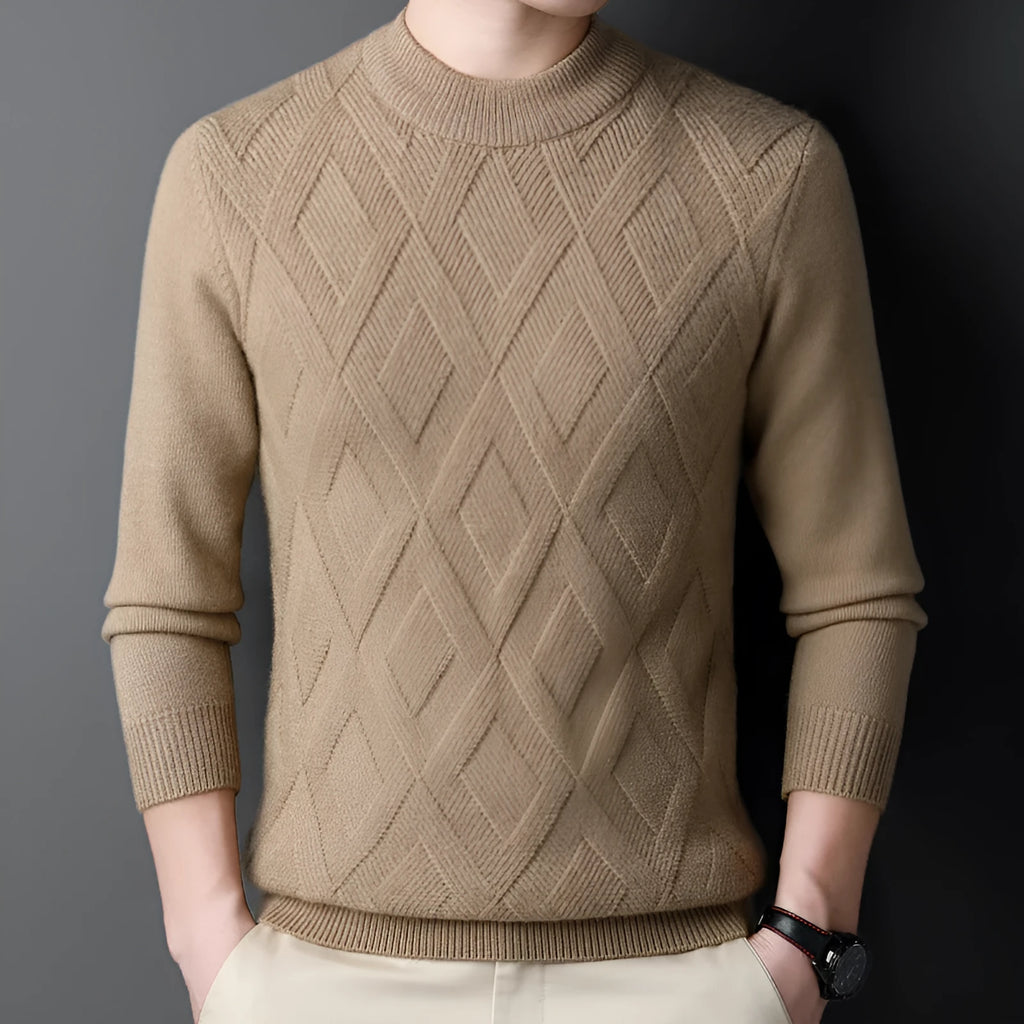 Men's thick diamond jacquard winter sweater in light camel colour, showing textured pattern