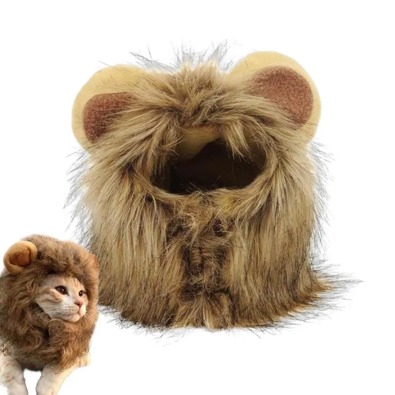 Lion mane wig for cats on a pet, showing fluffy artificial hair and plush ears with an adjustable band.