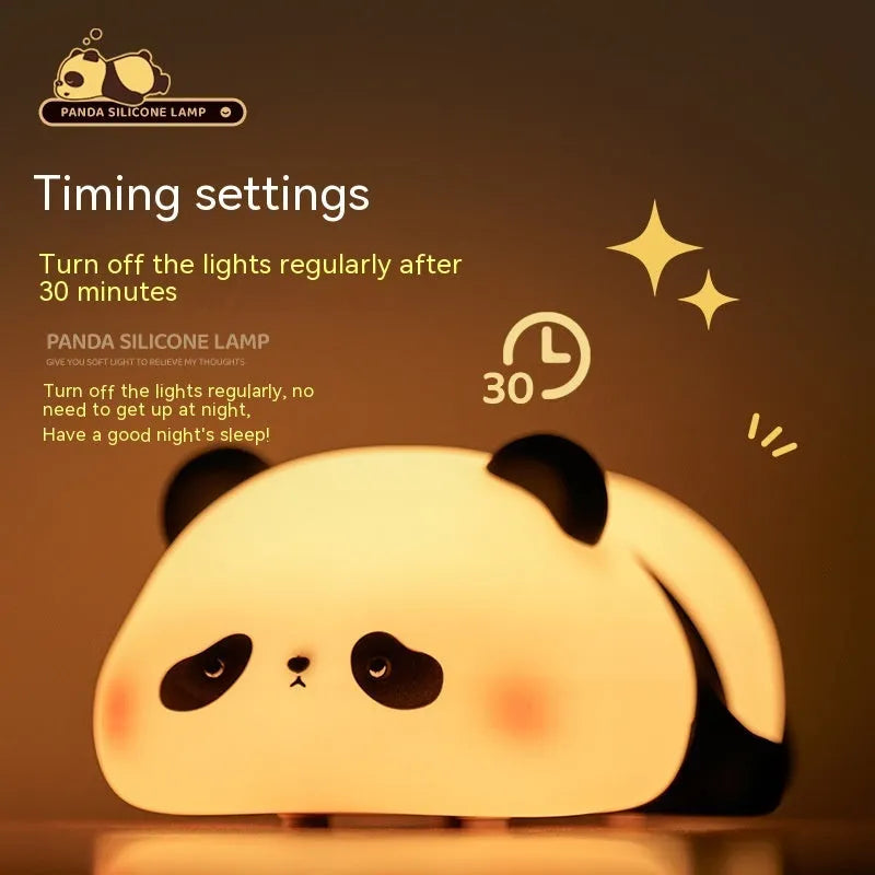Cartoon panda-shaped night light with warm white glow, measuring 150x130x80mm