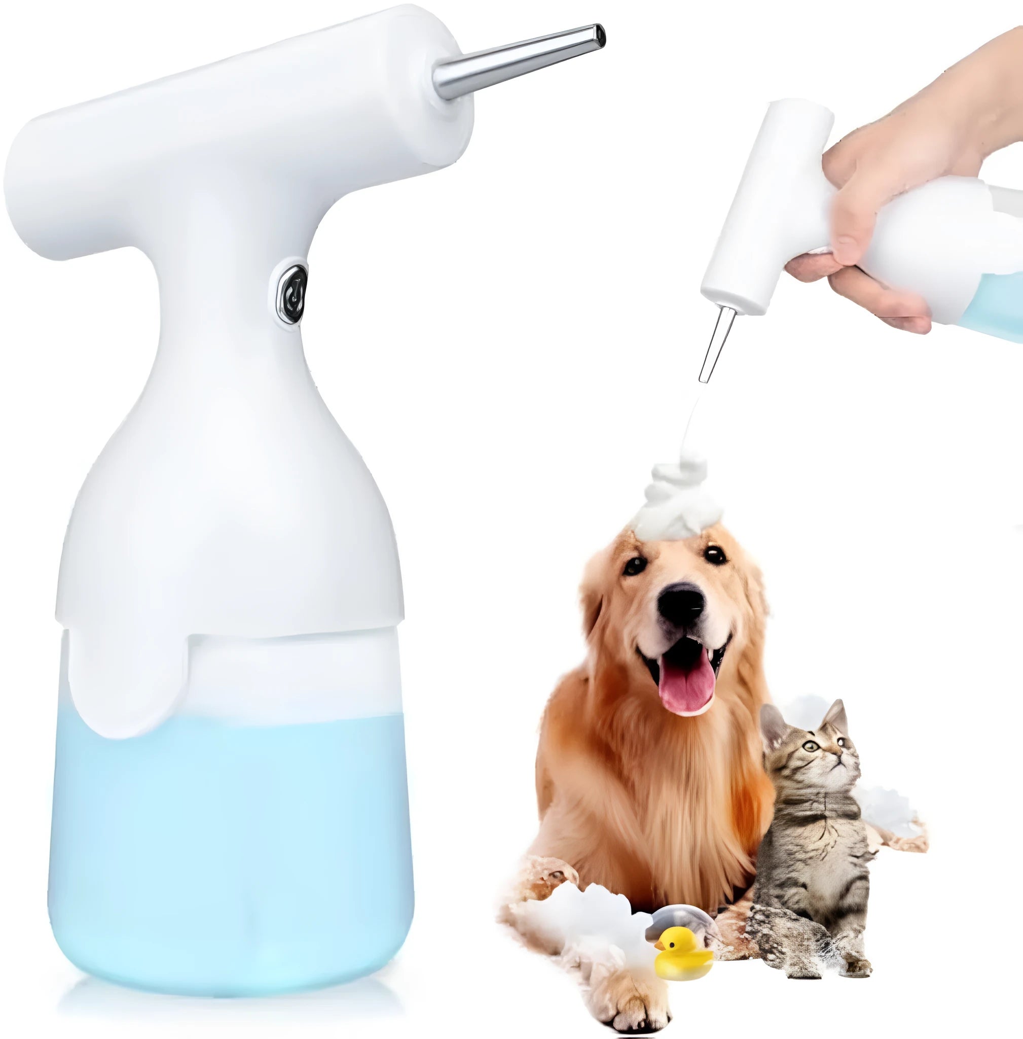 White electric foam soap dispenser with two nozzles and a USB charging cable for pet and home cleaning.