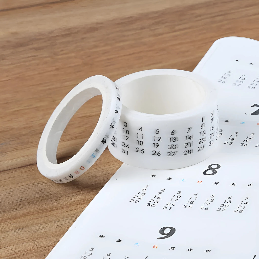 Two rolls of digital hand account tape, each 2cm wide and 7m long, one for perpetual calendar dates and one for weekly planning