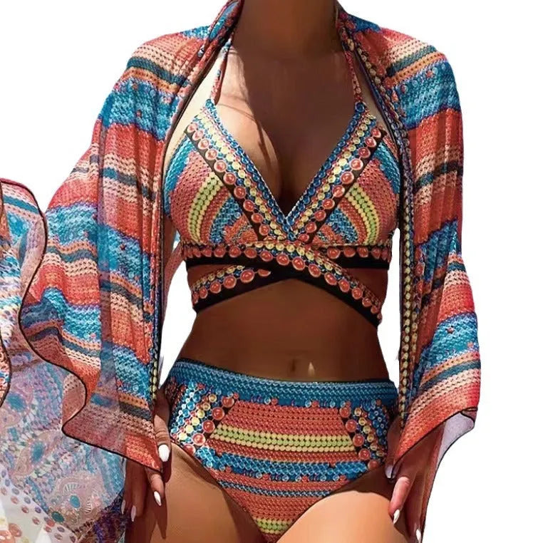 Women's split cross strap retro ethnic style bikini set in polyester, green and red colour options, sizes S to XL