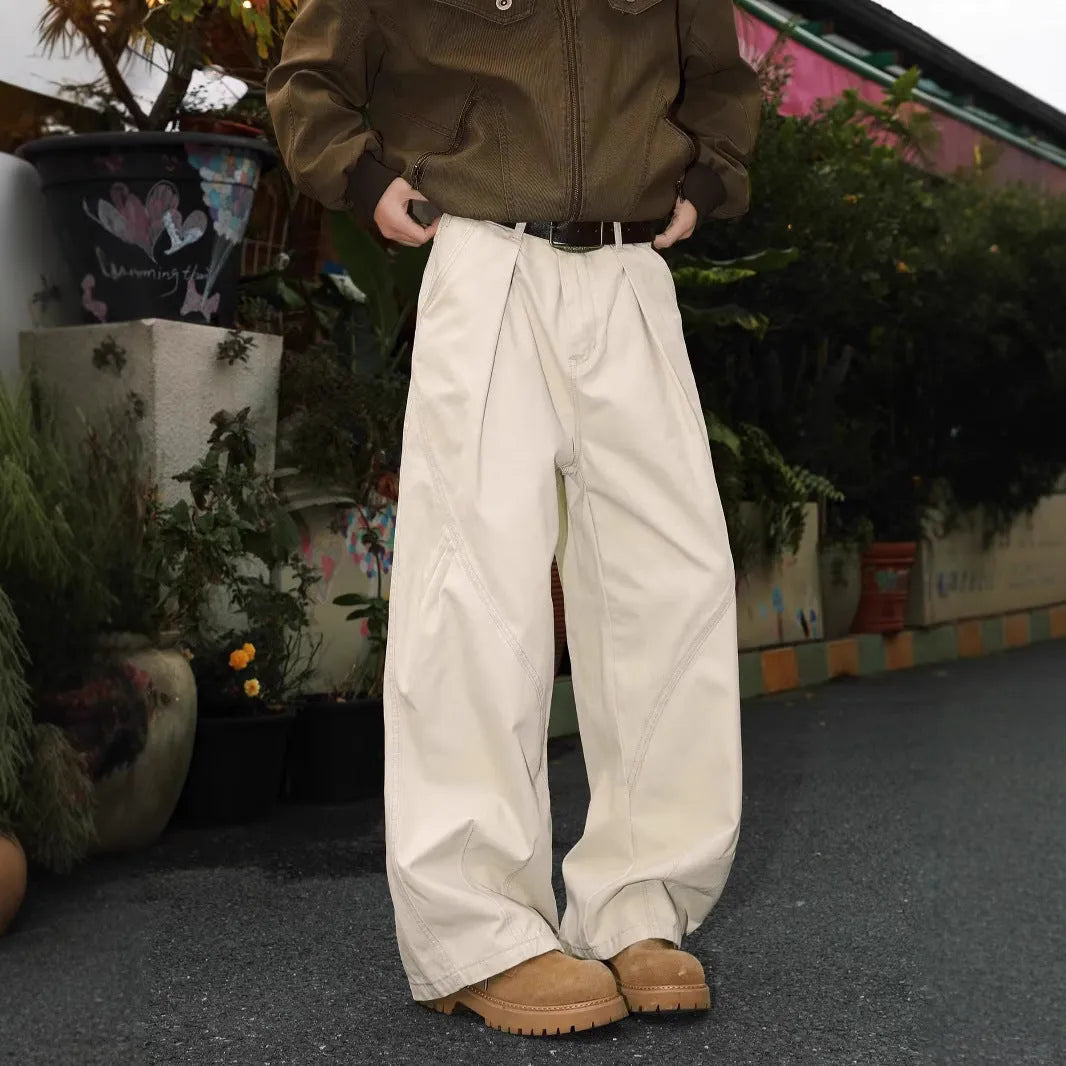 Men's loose fit straight leg trousers with pleated waist in black, brown and apricot colours