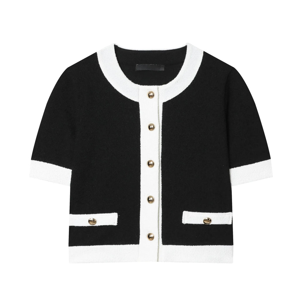 Women's contrast colour beaded leather round neck top with high-waisted trousers suit set in street fashion style