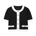 Women's contrast colour beaded leather round neck top with high-waisted trousers suit set in street fashion style